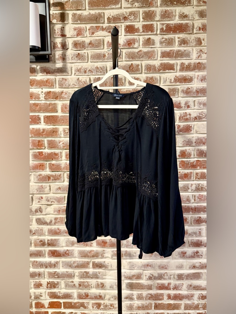 American Eagle Outfitters Black Lace-Paneled Peasant Blouse